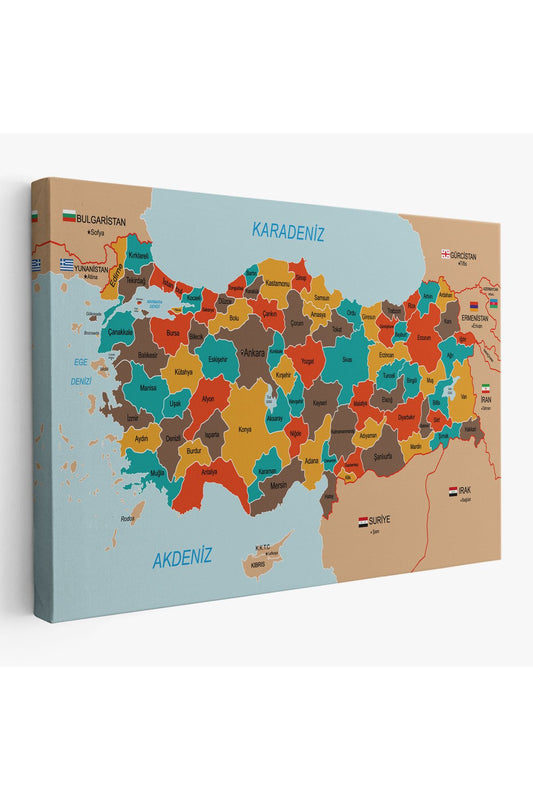 Türkiye Haritası Kanvas Tablo Sınır Komşulu Eğitici Dekoratif Tablo 3094