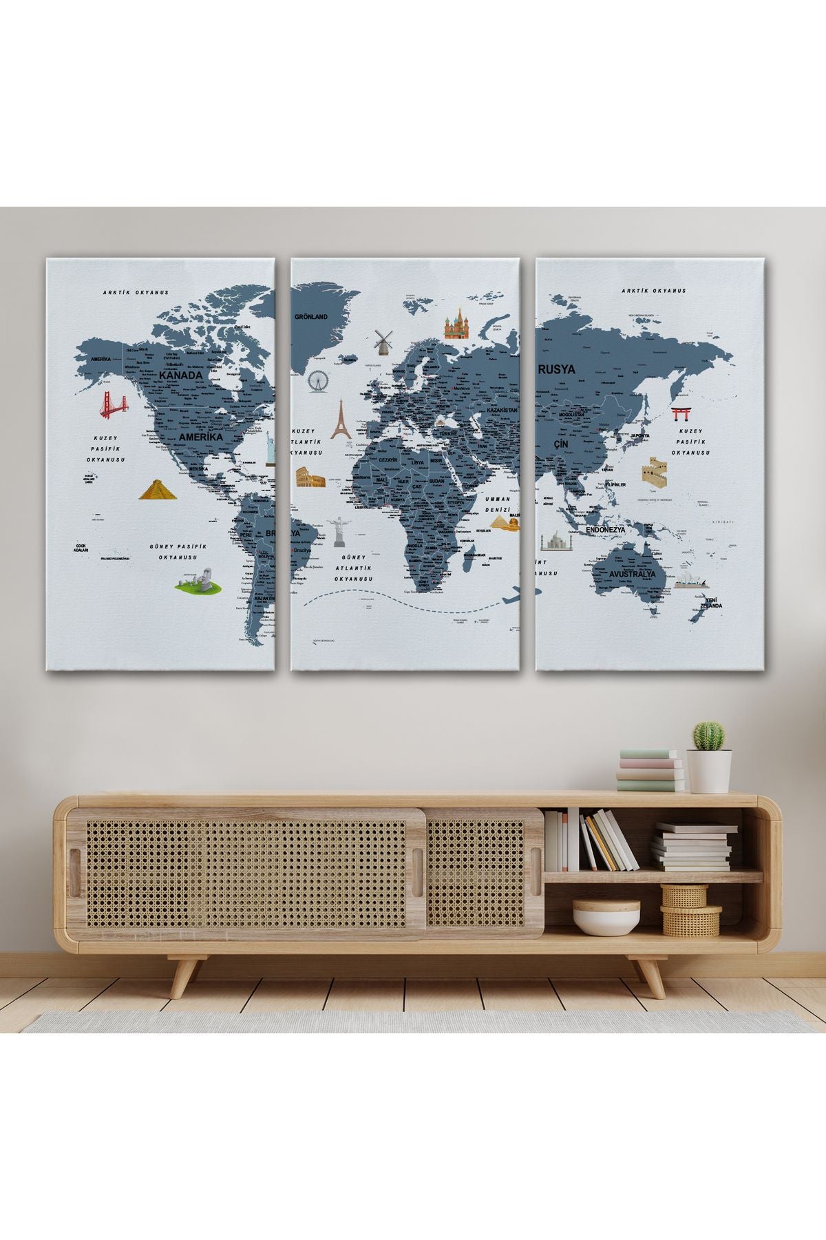 Türkçe Dünya Haritası Son Derece Ayrıntılı Eğitici ve Sembollü Kanvas Tablo 3188