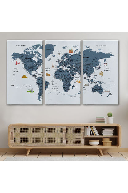 Türkçe Dünya Haritası Son Derece Ayrıntılı Eğitici ve Sembollü Kanvas Tablo 3188