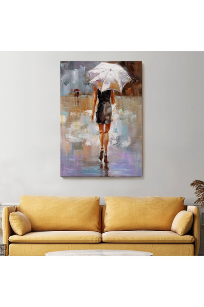 DB  Yağmurda Yürüyen Kadın Yağlıboya Görünüm Dekoratif Kanvas Duvar Tablosu-5928