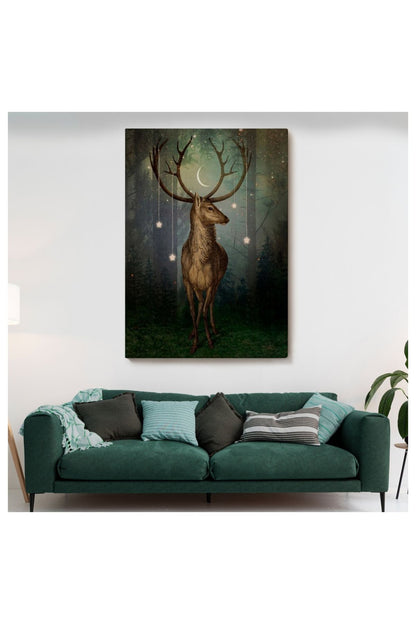 Kanvas, Duvar Tablosu, Dekoratif, Gece Vakti Orman'daki Geyik 6309 EGKNV