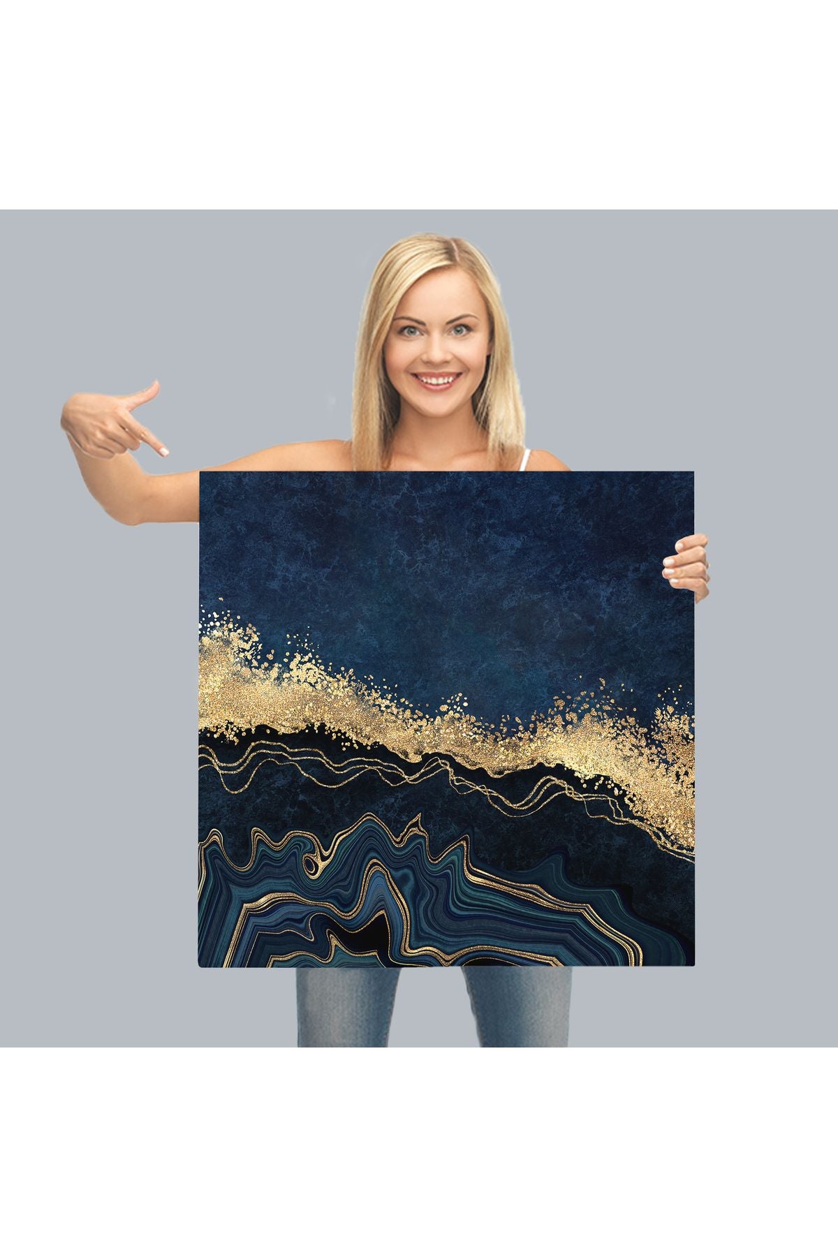 Lacivert ve Gold'un Mükemmel Uyumu Mermer Görünümlü Modern Kanvas Tablo-5065