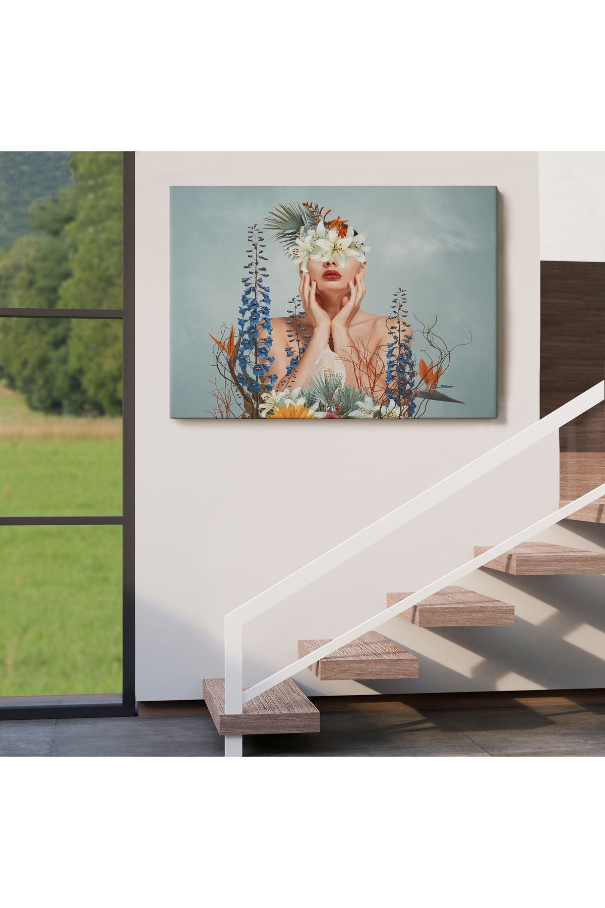 Çiçekler İçindeki Güzel Kadın Portresi Kanvas Tablo-5024