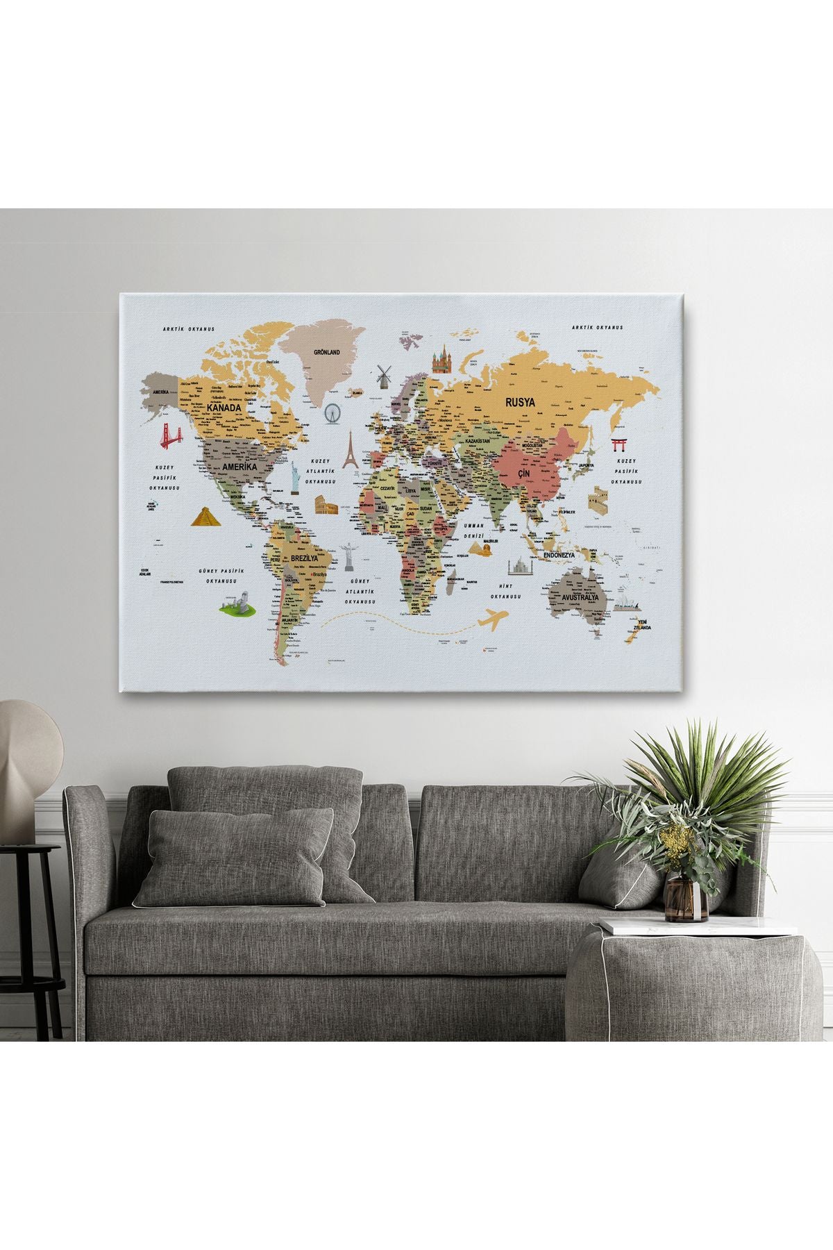YB HG Türkçe Dünya Haritası  Ayrıntılı Eğitici-Öğretici ve Sembollü Dekoratif Kanvas Tablo 3200