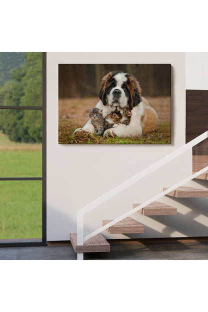 YB St. Bernard Köpek ve Yavru Kediler Dekoratif Kanvas Tablo 1124