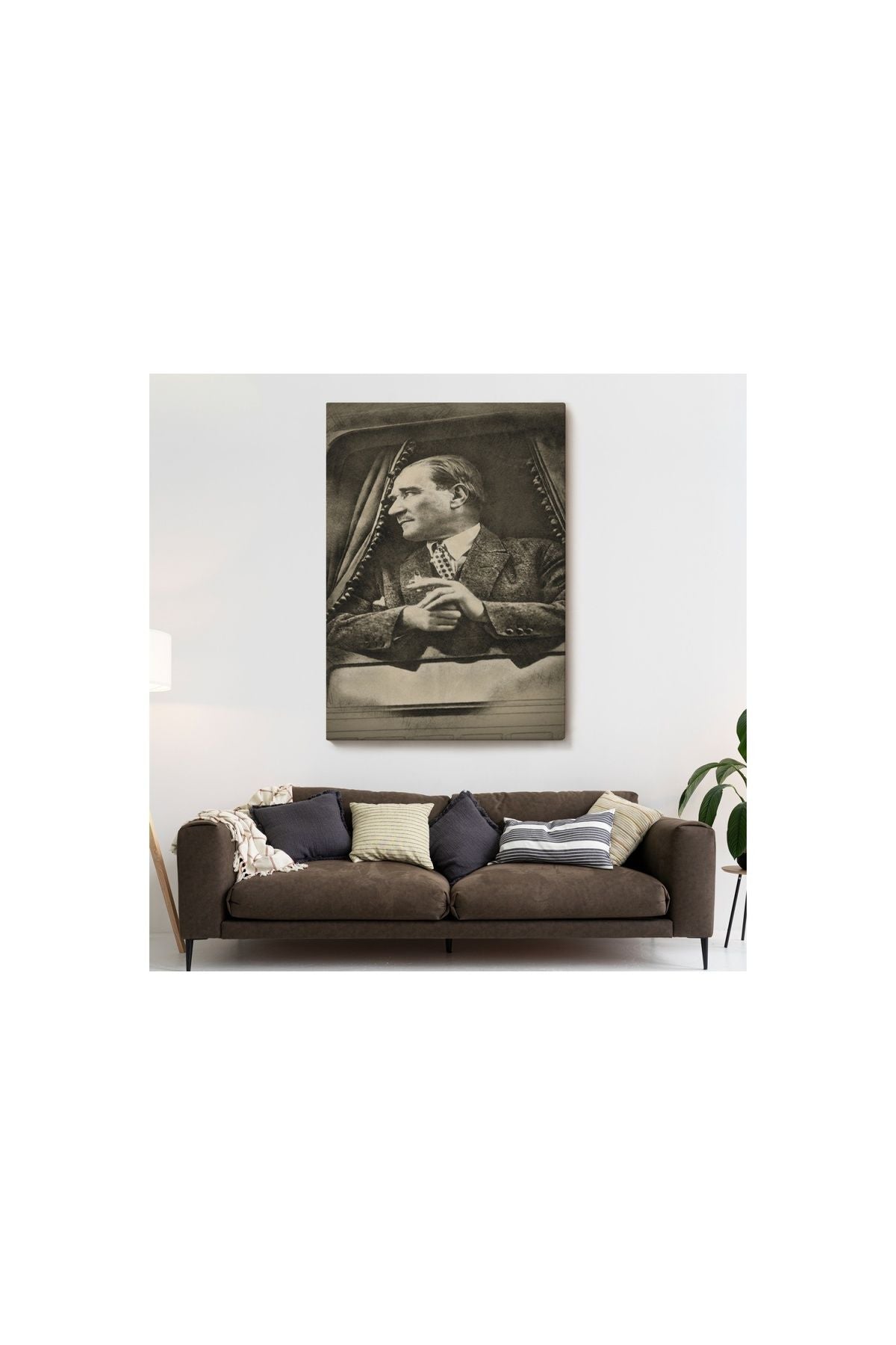 Mustafa Kemal Atatürk'ün Karakalem Görünümlü Portre Çizimi Dikdörtgen Dekoratif Kanvas Tablo-de-82