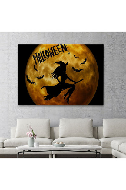 Dekoratif Kanvas Tablo, Duvar Tablosu-Cadılar Bayramı Süpürgedeki Uçan Cadı 5200