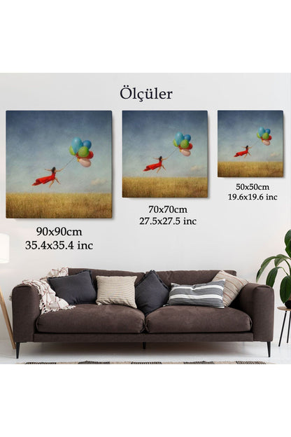 Renkli Balonlarla Uçan Kız Kanvas Tablo-5855