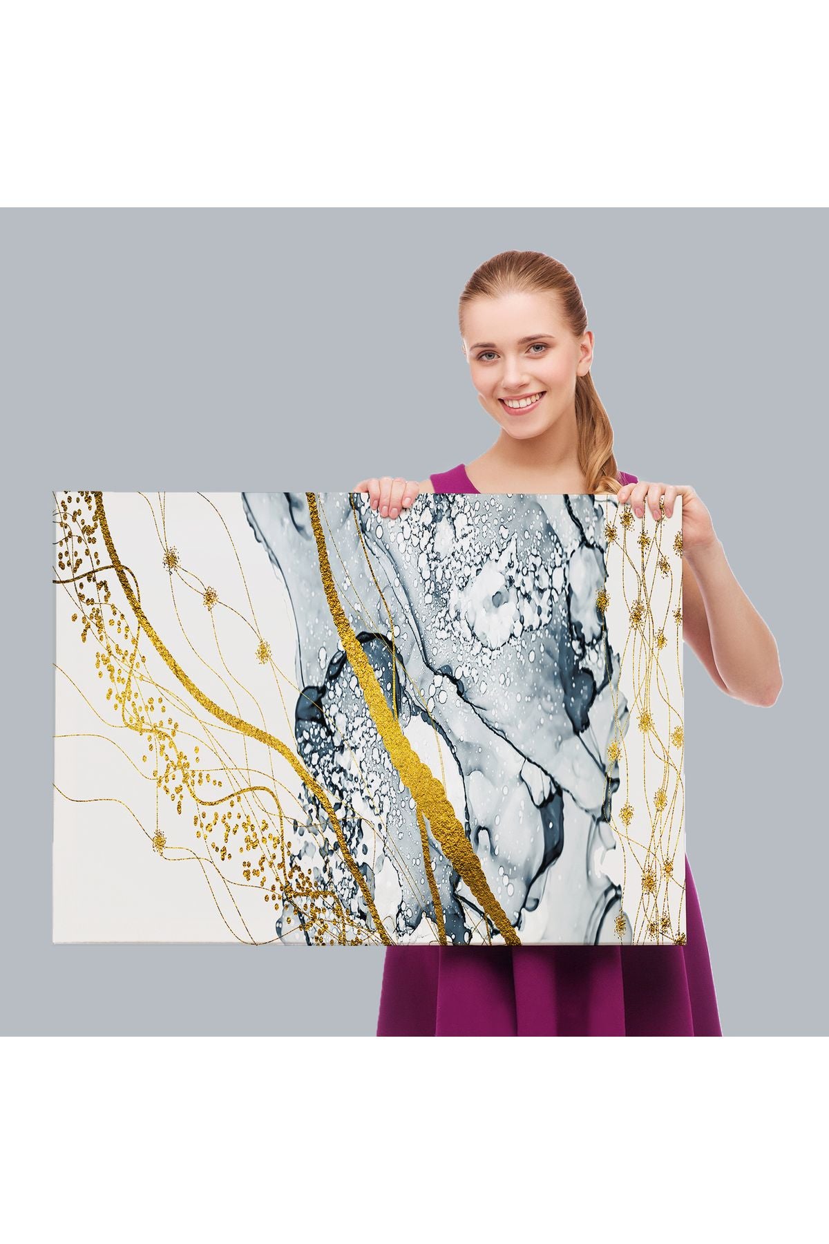 db01shp seri Mavi ve Altın Sarısı Renklerınde Soyut Modern Kanvas Tablo-5033