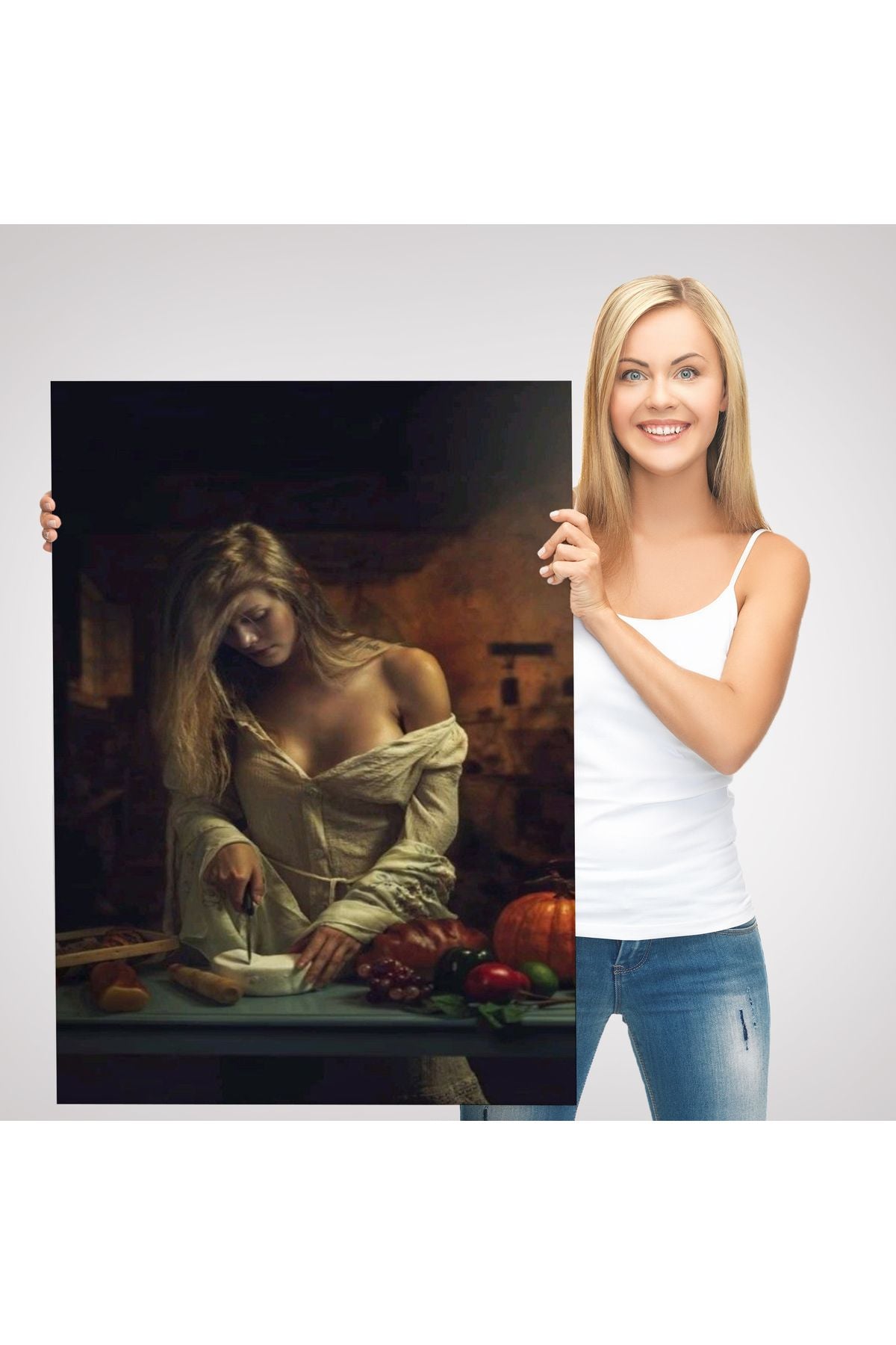 Peynir Kesen Güzel Kadın Dekoratif Duvar Tablosu-6299