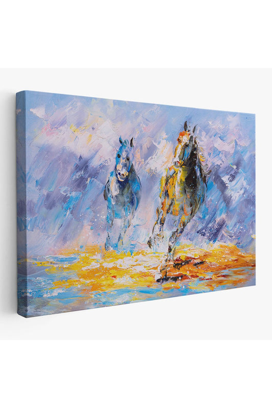 Koşan Atlar Yağlıboya Görünüm Dekoratif Kanvas Duvar Tablosu-3490