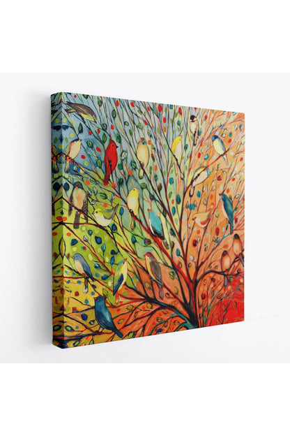 Renkli Ağaçtaki Renkli Kuşlar Kanvas Tablo-5887