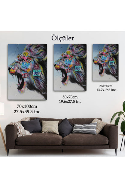 Renkli Kükreyen Aslan Kanvas Tablo, Pop Art, Sokak Sanatı-5316
