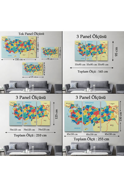 Türkiye Haritası Kanvas Tablo İl ve İlçeli Ayrıntılı Eğitici Komşulu Tablo 3019