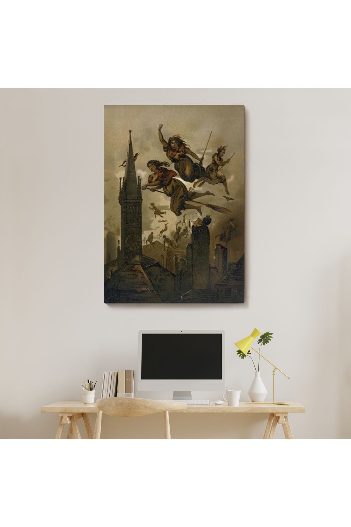 Süpürgelerindeki Cadılar Evlerinin Çatılarının Üzerinden Uçuyor Duvar Tablosu-6118