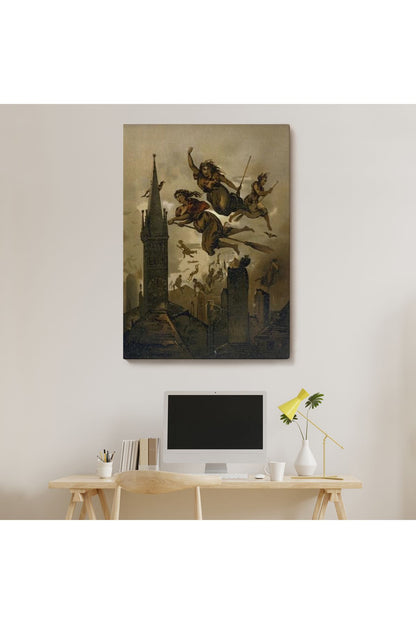 Süpürgelerindeki Cadılar Evlerinin Çatılarının Üzerinden Uçuyor Duvar Tablosu-6118