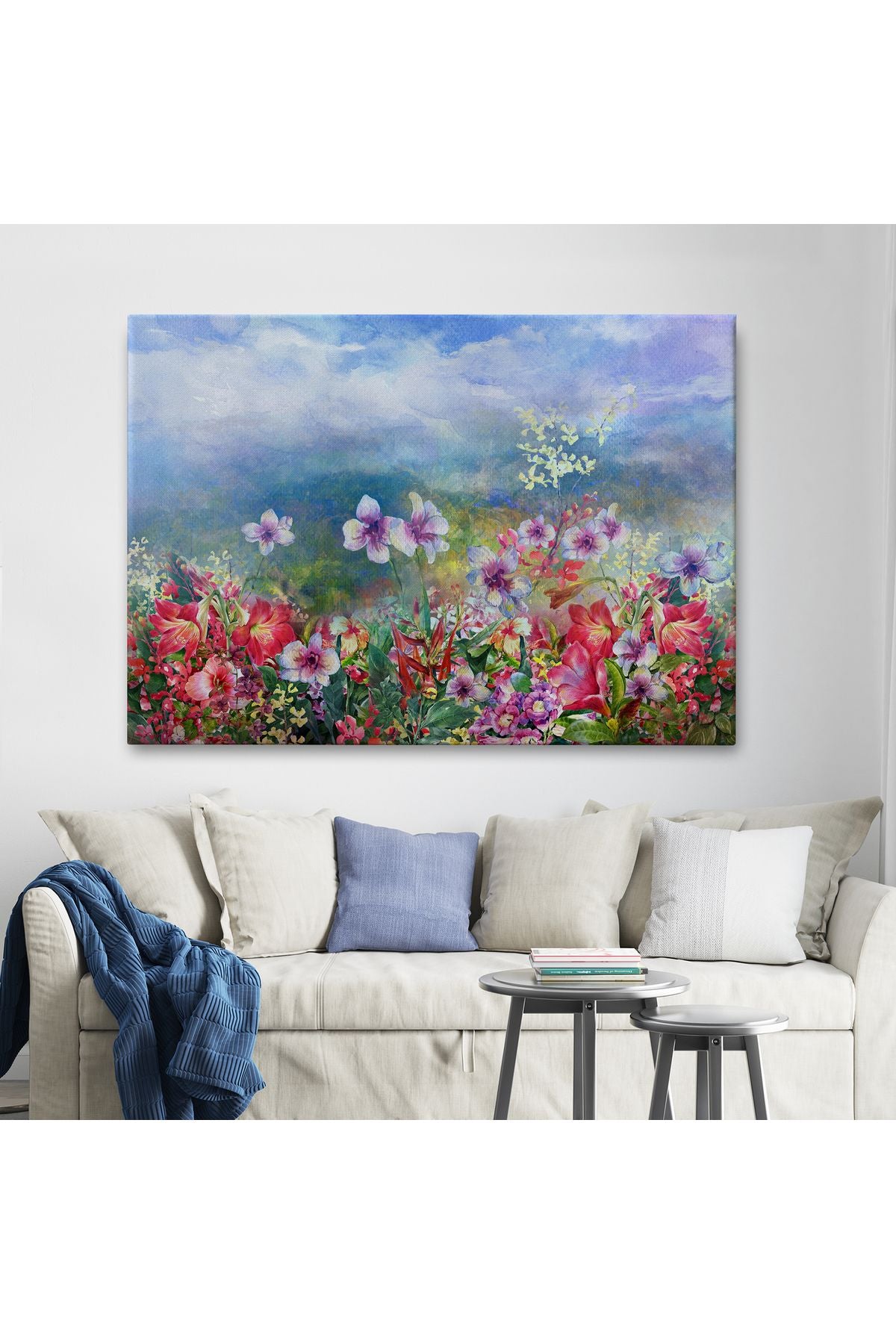 Renkli Çiçekler Suluboya Görünüm Dekoratif Kanvas Duvar Tablosu-3475