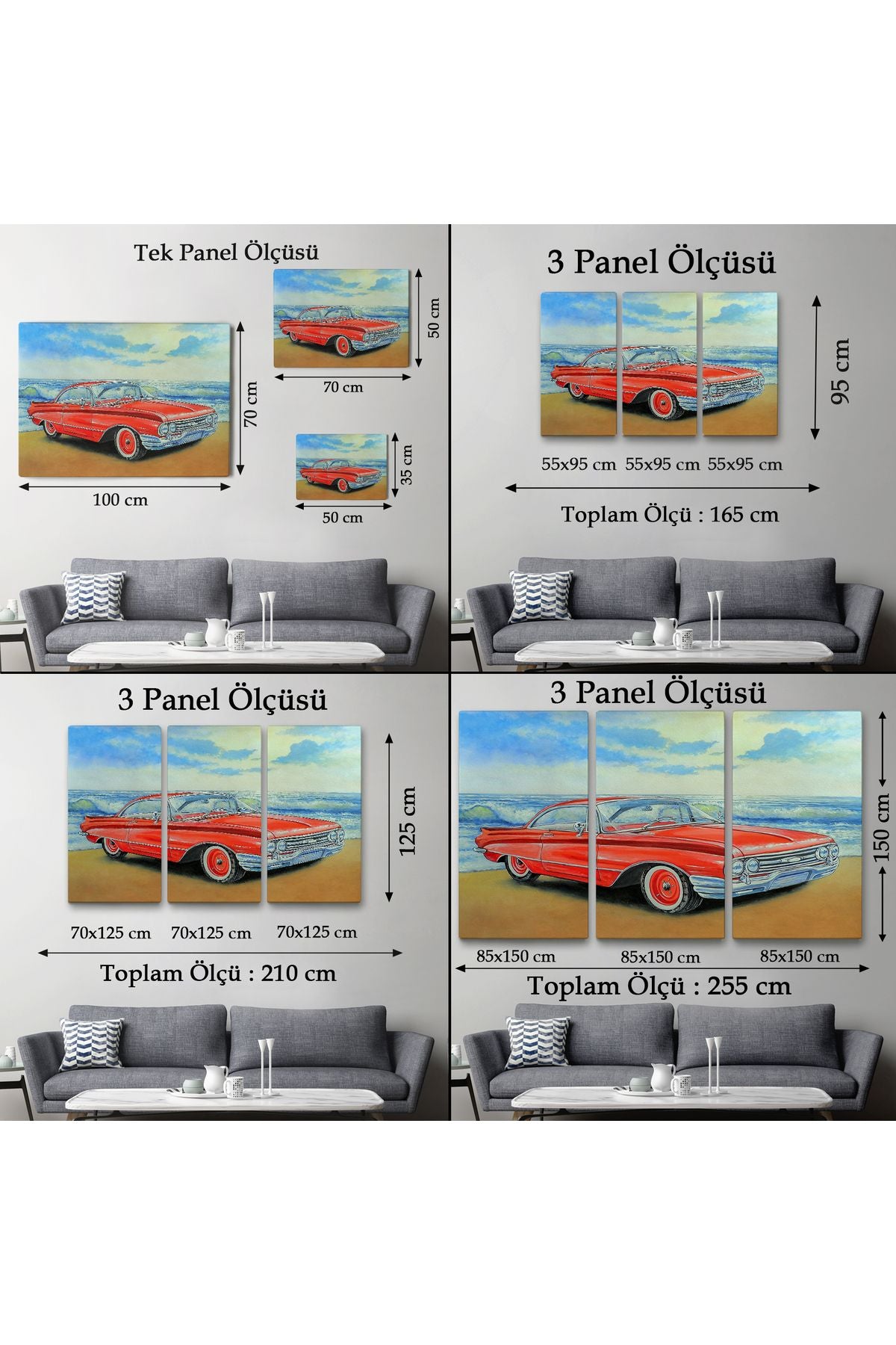 Kızmızı Retro Araba Yağlıboya Görünüm Dekoratif Kanvas Duvar Tablosu-3499