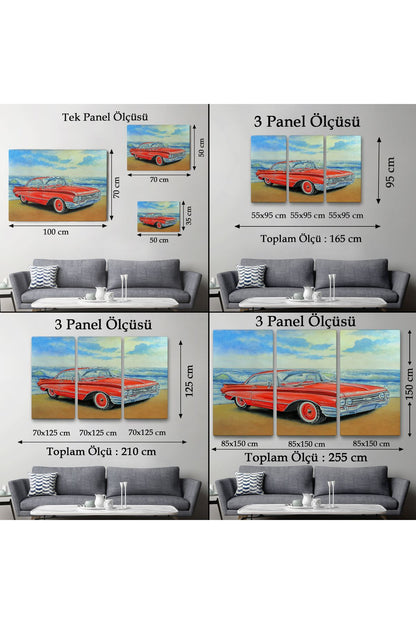 Kızmızı Retro Araba Yağlıboya Görünüm Dekoratif Kanvas Duvar Tablosu-3499