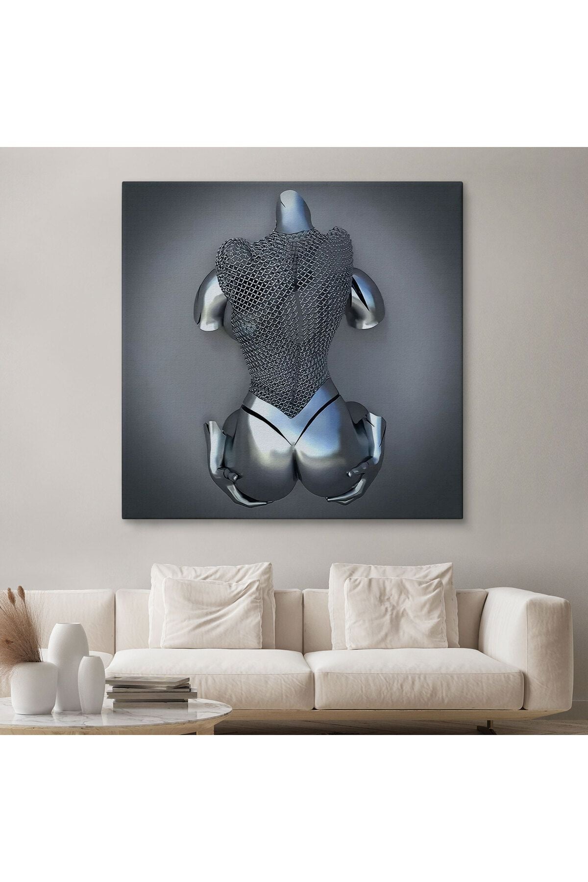 Gri Ve Gümüş Duvar Dekoru, Metalik Efektli Kanvas Tablo, Romantik Beden-5348