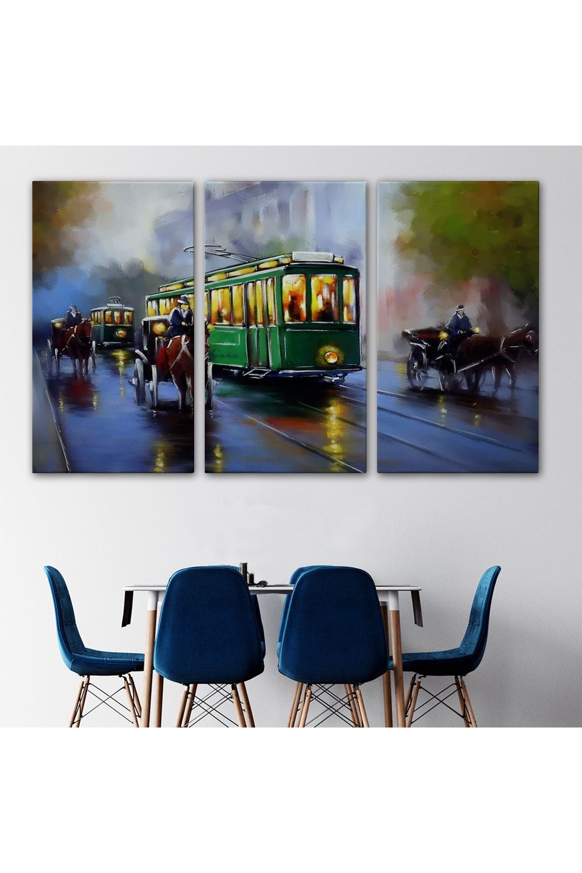 Eski Tramvay Retro Yağlıboya Görünüm Dekoratif Kanvas Duvar Tablosu-3574