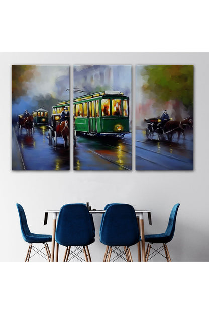 Eski Tramvay Retro Yağlıboya Görünüm Dekoratif Kanvas Duvar Tablosu-3574