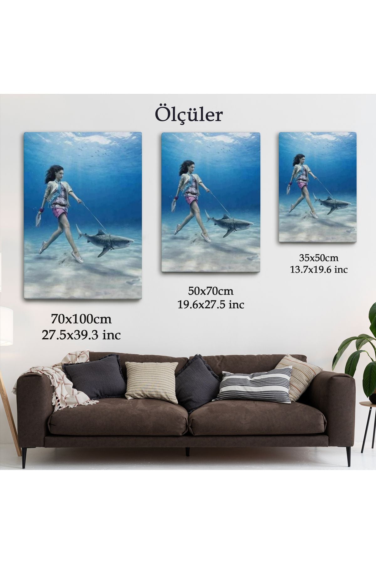 Su Altında Köpek Balığı Gezdiren Kadın Tablosu-6482