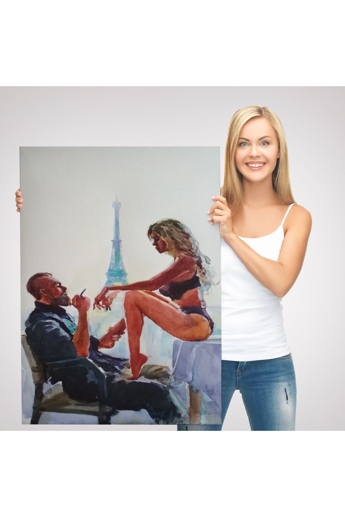 Paris Eyfel Manzaralı Sevgililer Suluboya Görünümlü Duvar Tablosu-6298