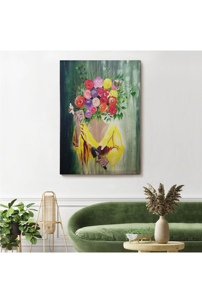 Çiçek Başlı Kadın Portresi Yağlıboya Görünüm Dekoratif Kanvas Duvar Tablosu -5124