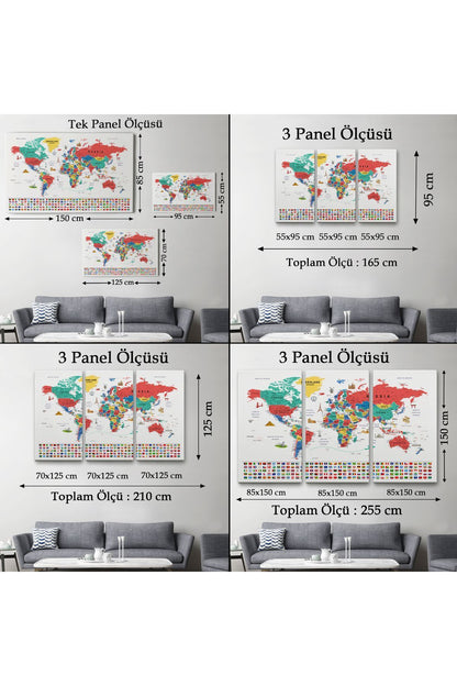 Dünya Haritası Ayrıntılı Eğitici Sembollü Bayraklı Dekoratif Kanvas Tablo 2865