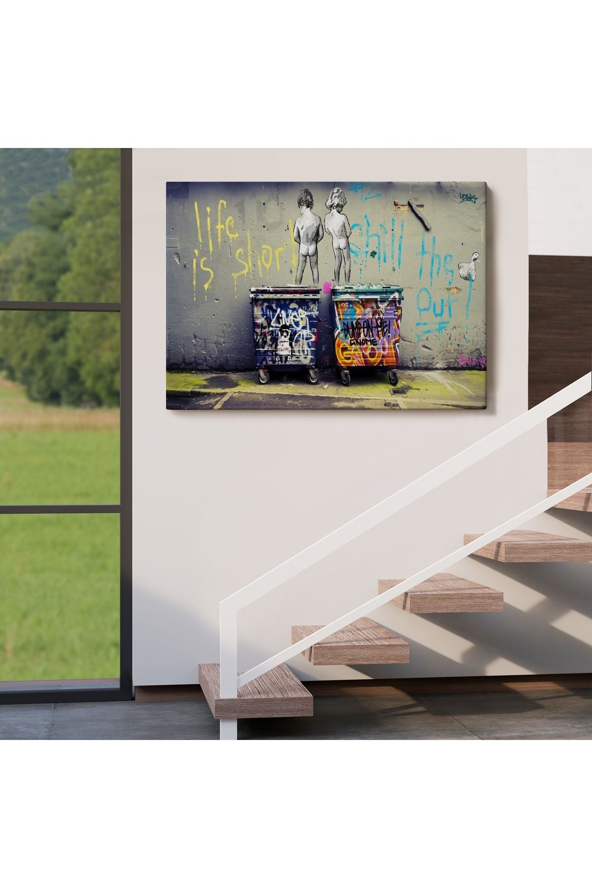Bansky Çöp Kutusuna İşeyen Çocuklar Kanvas Tablosu / Hayat Kısa-5154