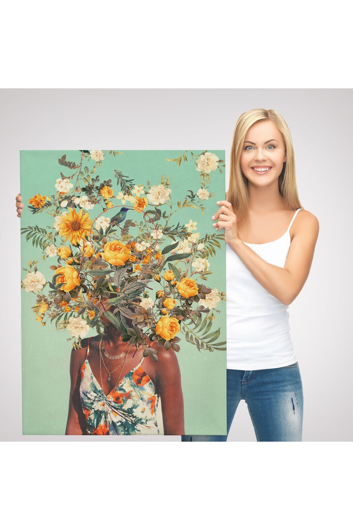 YB HG Çiçek Başlı Siyahi Kadın, Afrıkalı Kadın Kanvas Tablo -6079