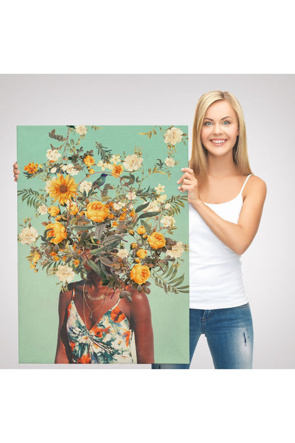 YB HG Çiçek Başlı Siyahi Kadın, Afrıkalı Kadın Kanvas Tablo -6079