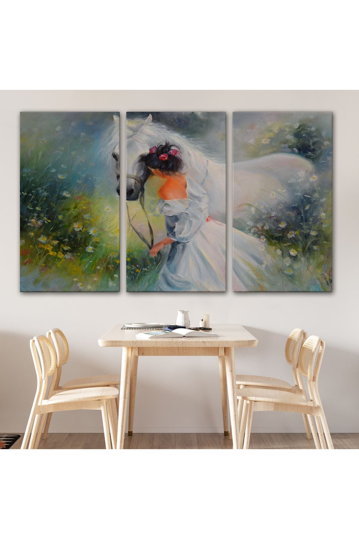 Bayaz At Ve Sahibi Kız Yağlıboya Görünüm Dekoratif Kanvas Duvar Tablosu-3539