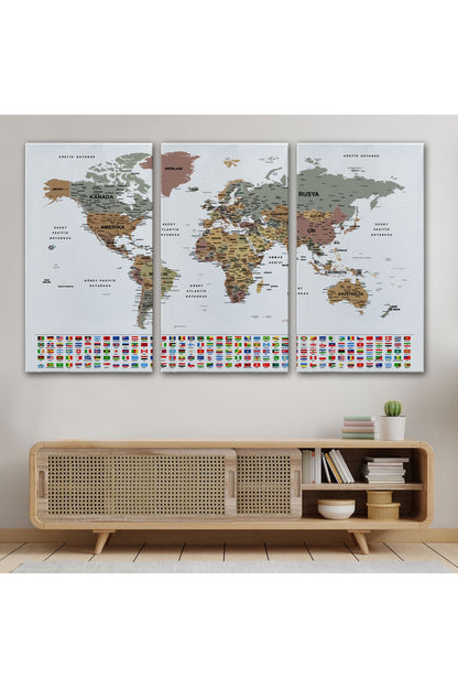 Türkçe Dünya Haritası Son Derece Ayrıntılı Eğitici ve Bayraklı Kanvas Tablo 2809