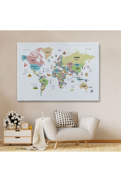 Dünya Haritası Dekoratif Kanvas Tablo Ülke ve Başkentli Öğretici ve Sembollü 2307
