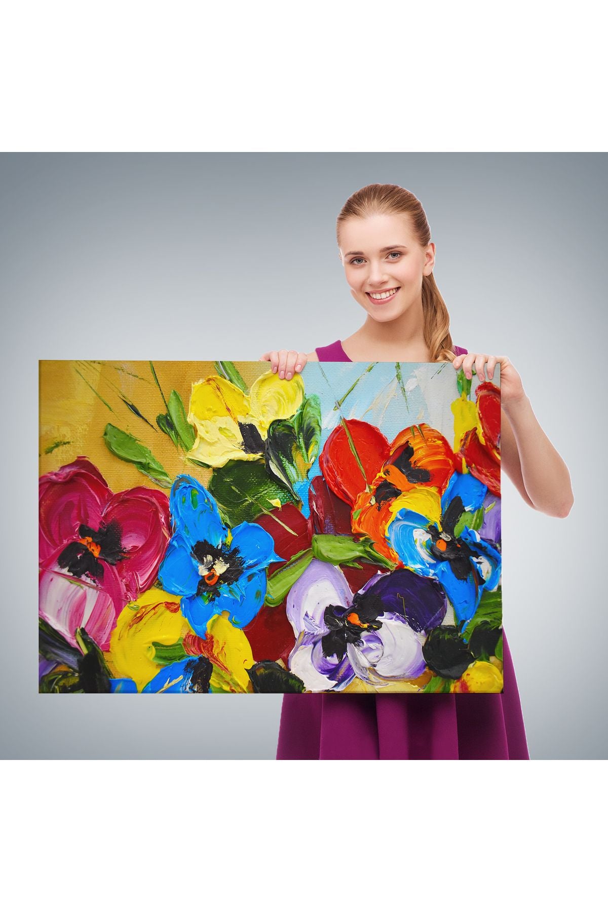Renkli Çiçekler Yağlıboya Görünüm Dekoratif Kanvas Duvar Tablosu-3666