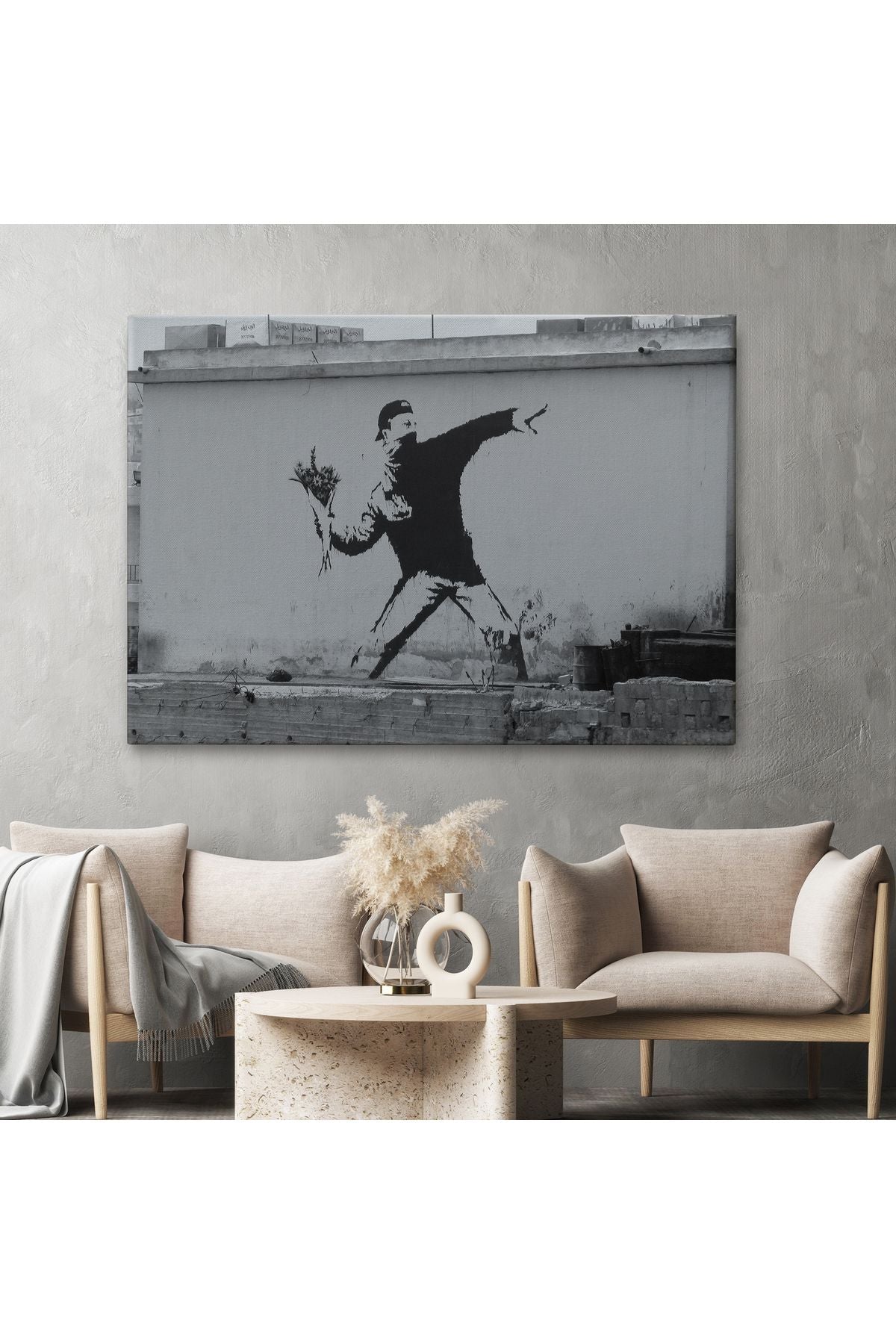 Bansky'nin Çiçek Atan Adam Eseri Kanvas Tablo-5014