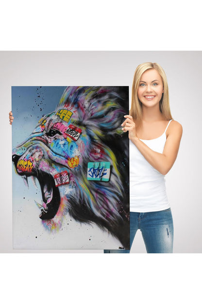 Renkli Kükreyen Aslan Kanvas Tablo, Pop Art, Sokak Sanatı-5316