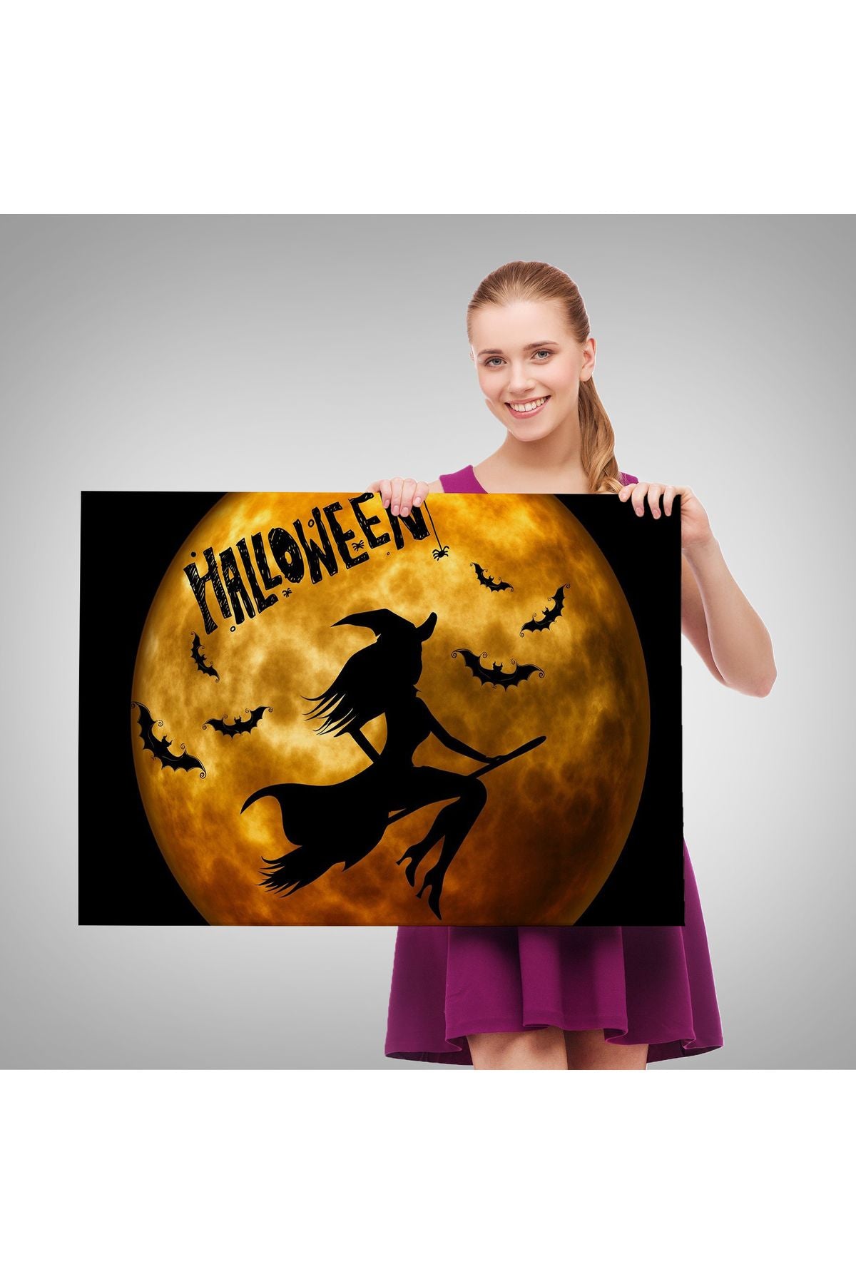 Dekoratif Kanvas Tablo, Duvar Tablosu-Cadılar Bayramı Süpürgedeki Uçan Cadı 5200