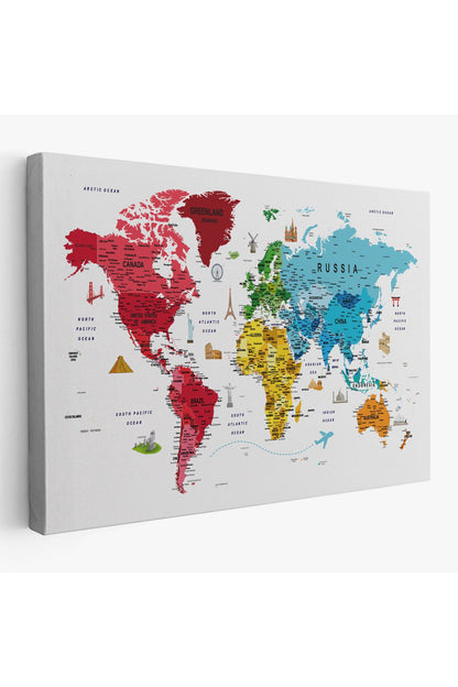 Dünya Haritası Son Derece Ayrıntılı Eğitici  ve Sembollü Dekoratif Kanvas Tablo 3223