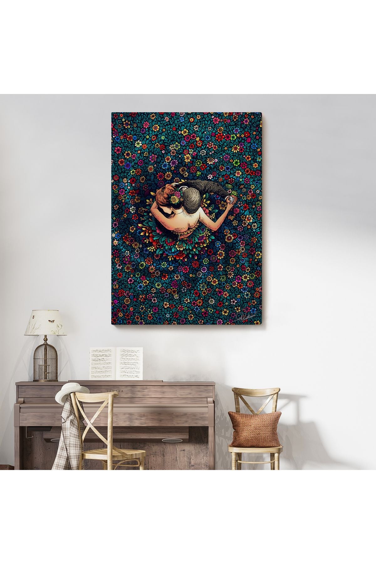 Renkli Çiçekler İçinde Dans Eden Sevgililer Duvar Tablosu-6200
