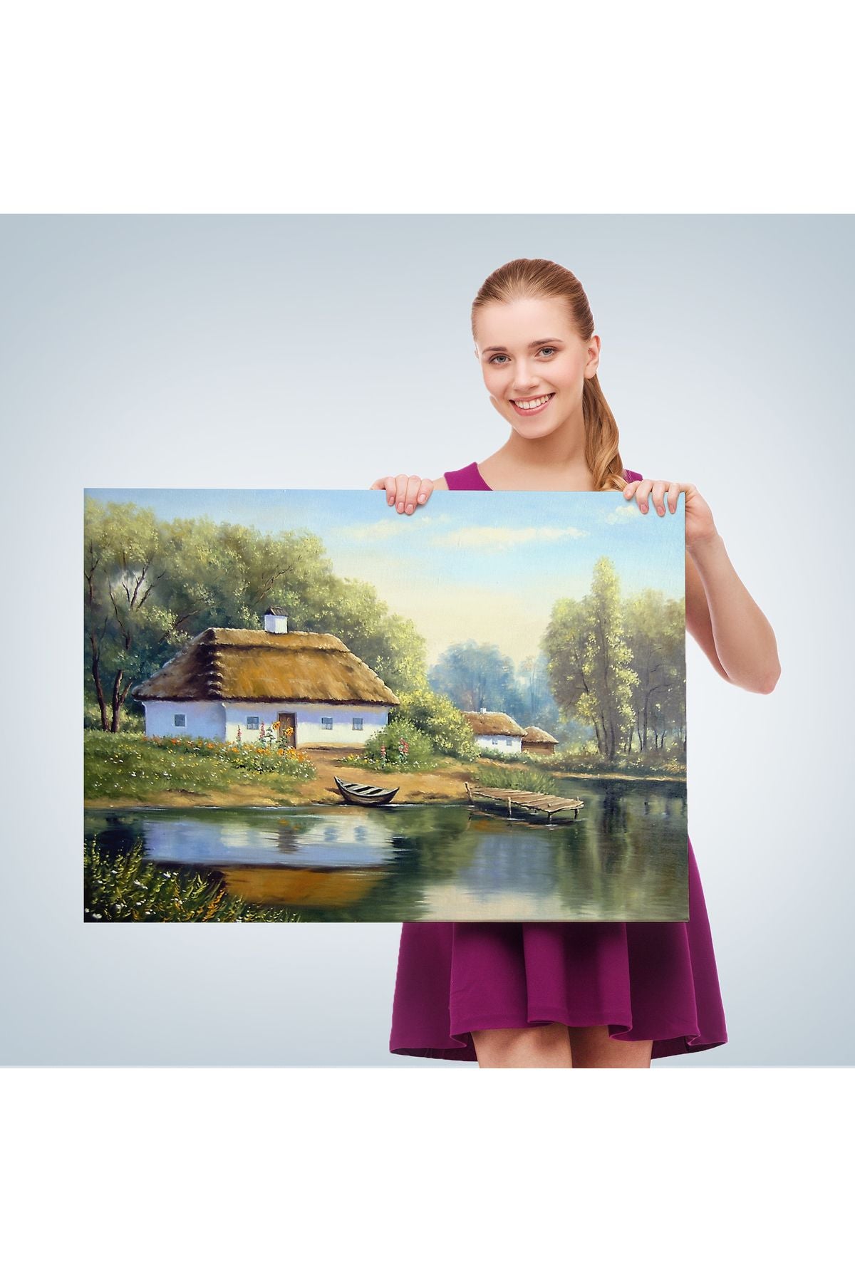 Göl Manzaralı Köy Evi Yağlıboya Görünüm Dekoratif Kanvas Duvar Tablosu-3510