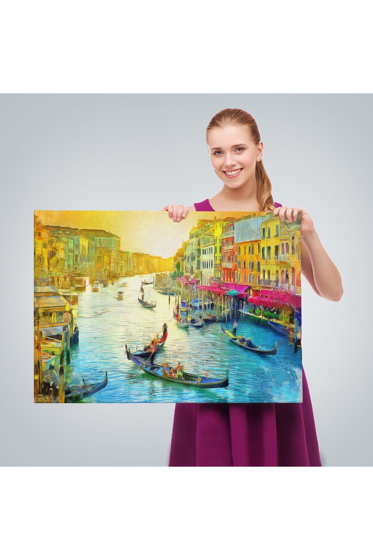 İtalya Venedik Gondol Manzarası Yağlıboya Görünüm Dekoratif Kanvas Duvar Tablosu-3623