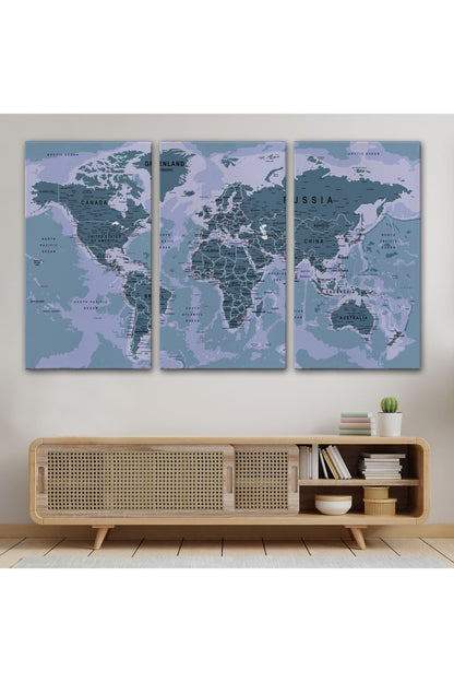 Dünya Haritası Son Derece Ayrıntılı Eğitici Okyanuslu Dekoratif Kanvas Tablo 2513