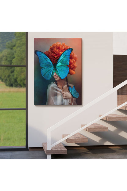 Mavi Kelebekli Kadın Yağlıboya Görünüm Dekoratif Kanvas Duvar Tablosu-5947