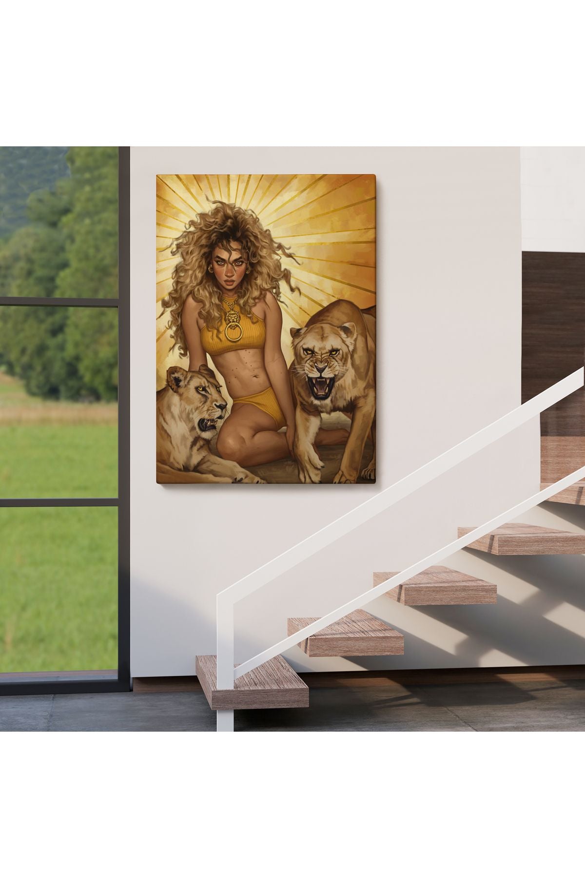 Aslanlarla Oturan Sarışın Vahşi Kadın Kanvas Tablo-5278