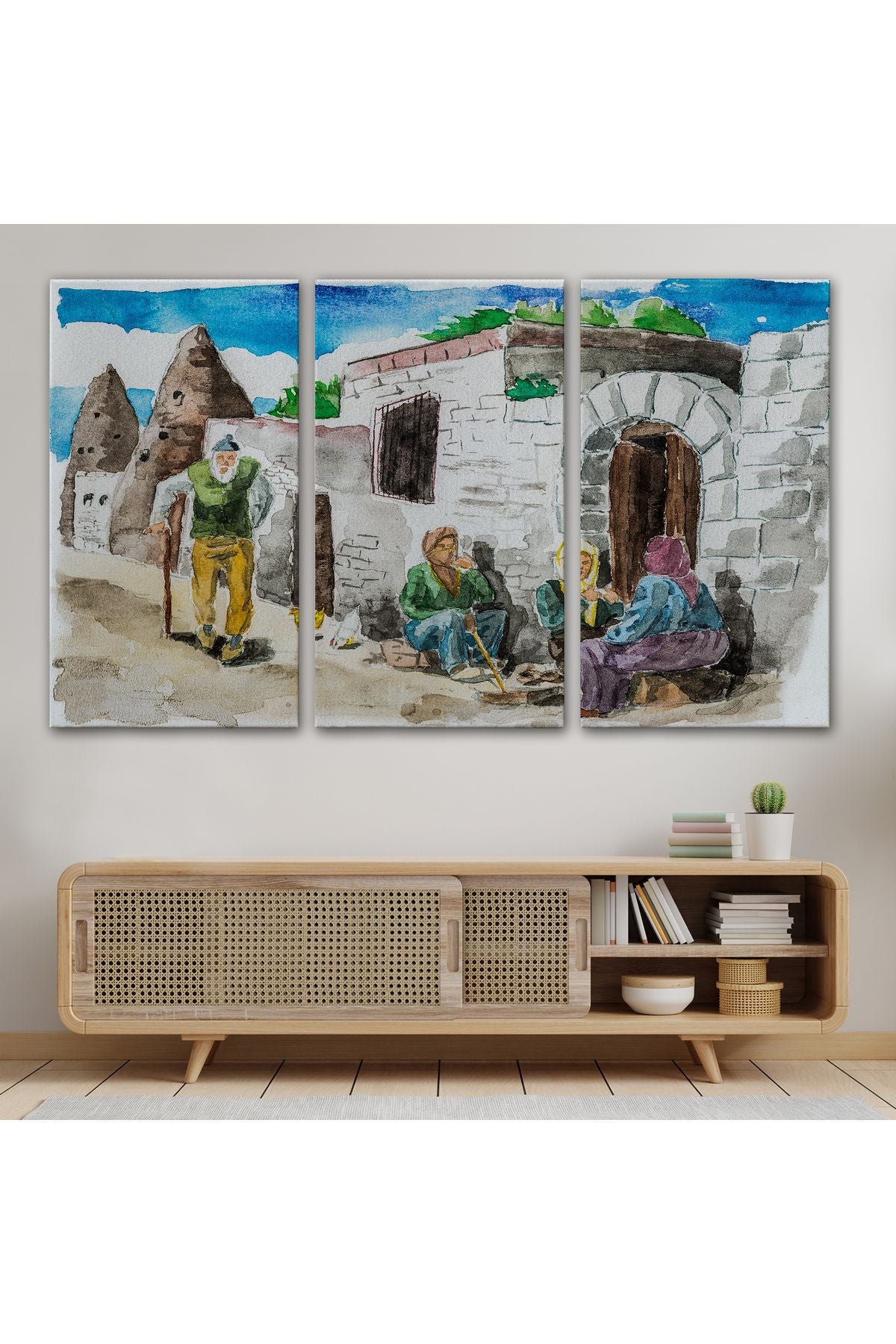 SZ KVS1-Kanvas Tablo-Kapadokya Göremedeki Köy Hayatı Yaşam Suluboya Görünüm  3756