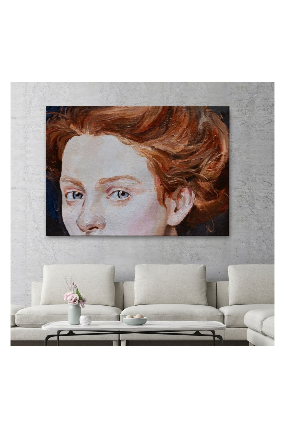 Kanvas Tablo, Duvar Dekoru, Kızıl Saçlı Mavi Gözlü Kadın Yağlıboya Görünüm 3741 BUNGKNV