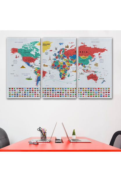 Dünya Haritası Ayrıntılı Eğitici Sembollü Bayraklı Dekoratif Kanvas Tablo 2865